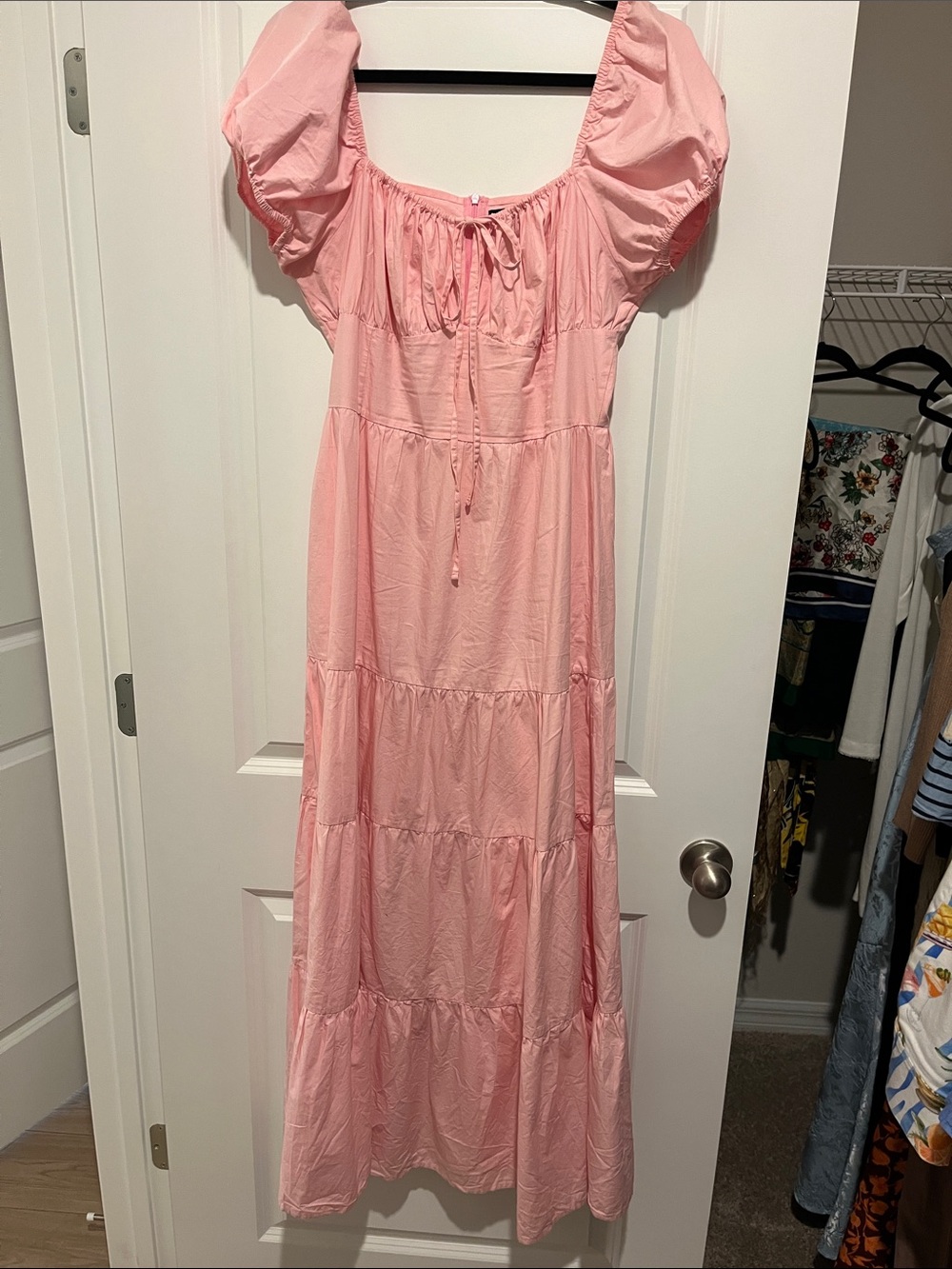 Women’s Pink Puff-Sleeve Tiered Maxi Dress